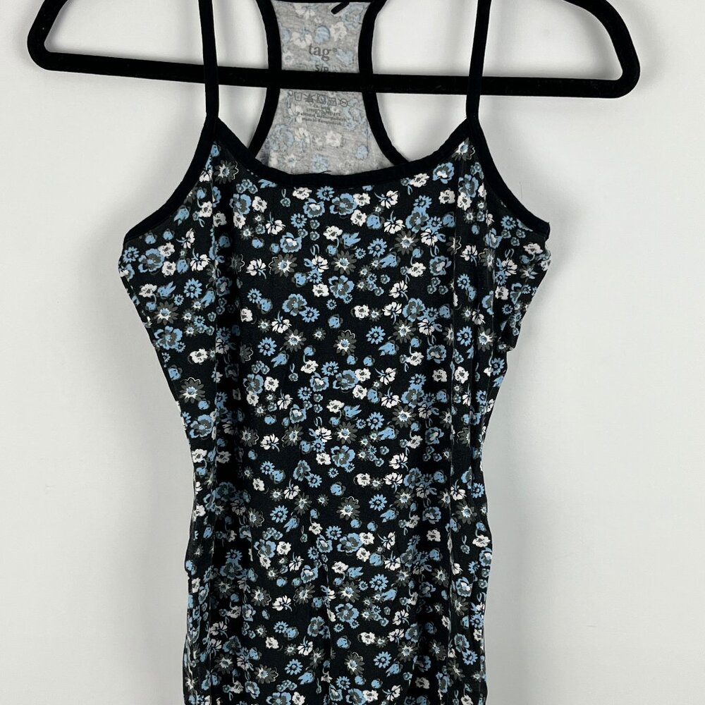 Tag Top Racerback Camisole Size S Black Blue Floral Spaghetti Strap Stretch
